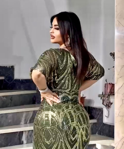 Green Sequin Wedding Guest Maxi Dress, Mother of The Bride Mermaid Gown Plus Size, Evening Wear Reception Birthday Cocktail Party