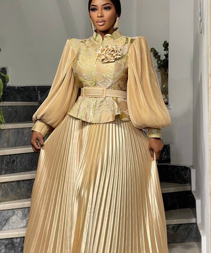 Gold Brocade Peplum Bishop Sleeve Top + Pleated A-Line Skirt, Mother of The Bride Attire  Wedding Guest Bridal Photoshoot Birthday Party