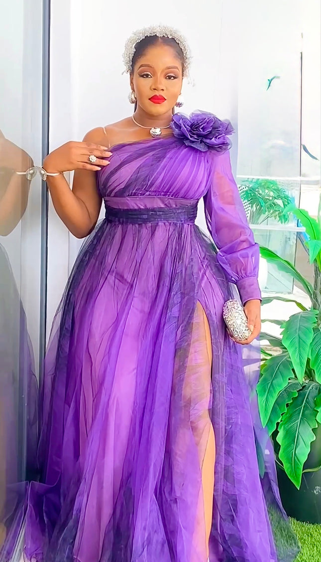 One Shoulder Tulle A-Line Maxi Gown with Slit, Mother of The Bride Plus Size Wedding Guest Birthday Party Cocktail Gala