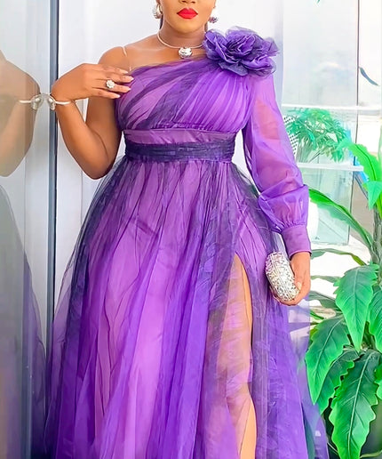 One Shoulder Tulle A-Line Maxi Gown with Slit, Mother of The Bride Plus Size Blue Summer Wedding Guest Gown Birthday Party Cocktail Gala