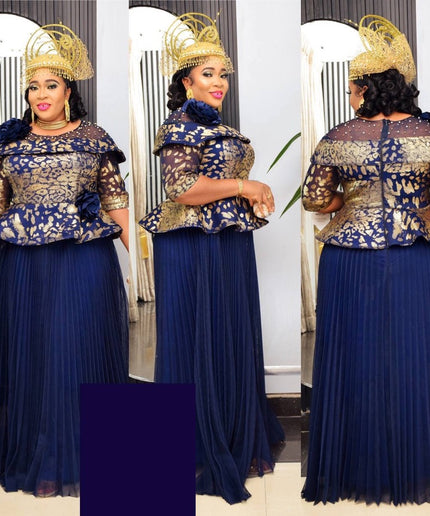 African Dress Women Pleated Embellished Peplum Maxi Gown
