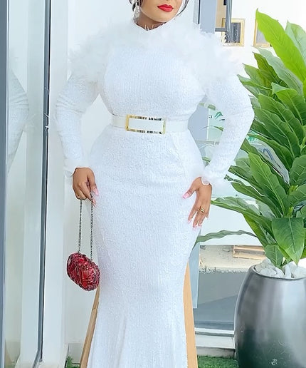 Sequined Feather Trim Maxi Dress | Birthday Party Anniversary Bridal Gala Prom