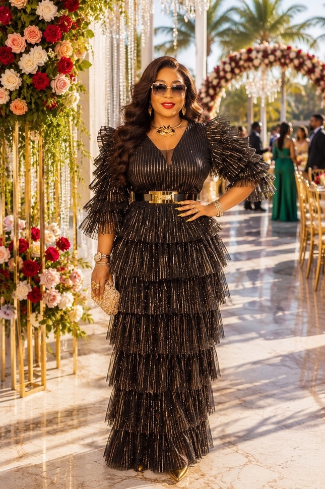 Fabulous Waterfall Ruffle Maxi Dress for Black Tie Attire Mother of Bride Wedding Guest Cocktail Reception Formal Evening Gown