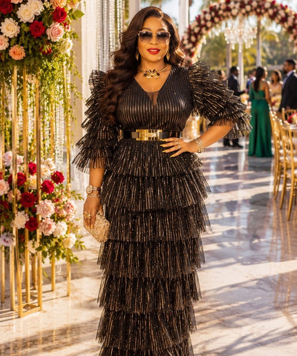 Fabulous Waterfall Ruffle Maxi Dress for Black Tie Attire Mother of Bride Wedding Guest Cocktail Reception Formal Evening Gown