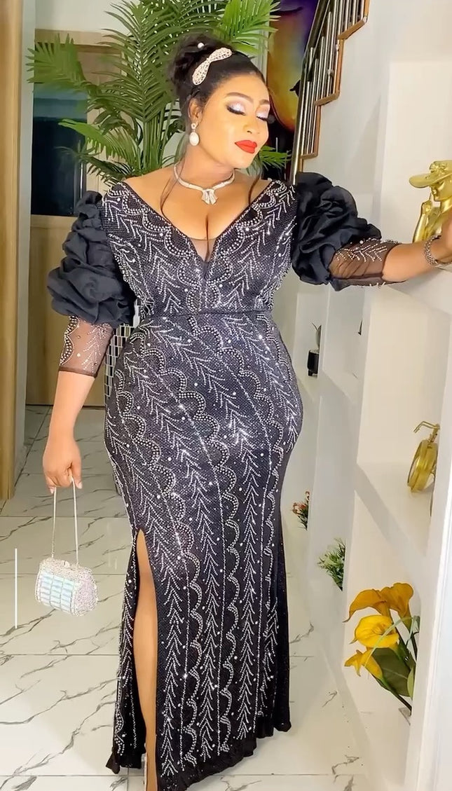 Ruffle Sleeve Embellished Side Slit Dress