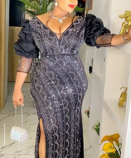 Ruffle Sleeve Embellished Side Slit Dress
