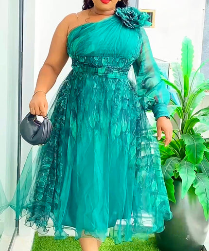 One Shoulder Gold Summer Wedding Guest Dress, Curvy Mother of The Bride A Line Dress Rosette Tea Length Twirl Midi, Plus Size Party Cocktail Gala