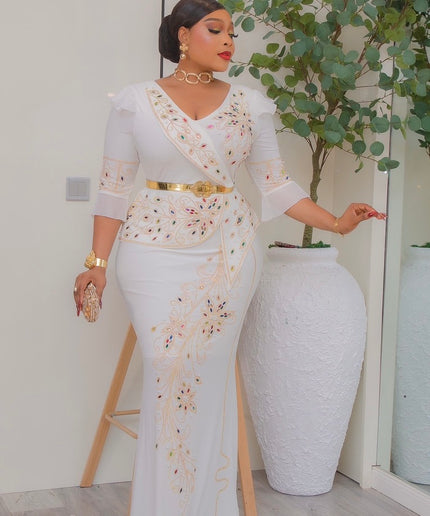 White Embellished Peplum Maxi Dress for Wedding Guest Birthday Photoshoot Gala Dinner Party