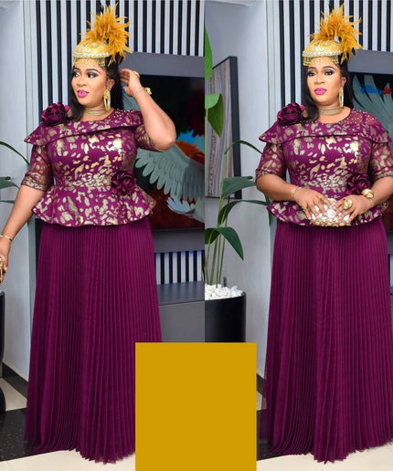 African Dress Women Pleated Embellished Peplum Maxi Gown