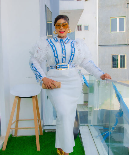 Ruffle Denim Embellished Blouse and Skirt 2 Piece Set - Wedding Guest Outfit Mother of The Bride Attire Bridal Dinner Birthday Photoshoot Party Reception