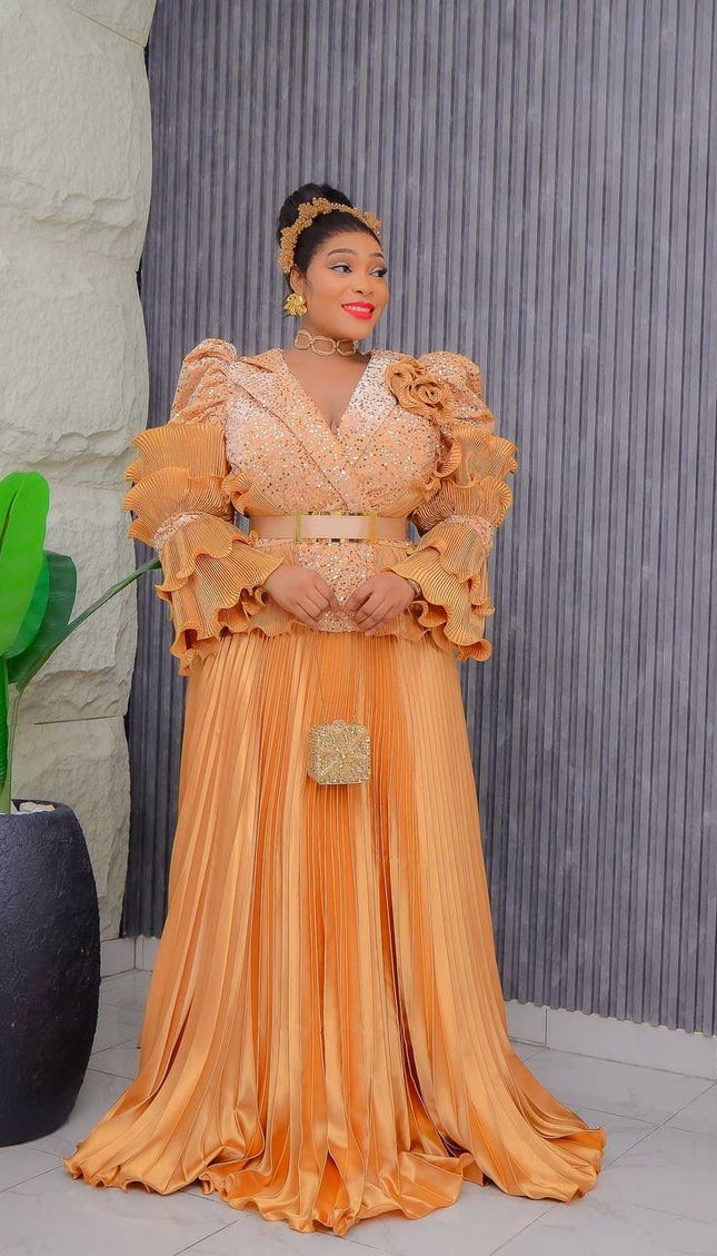 Sequin Dramatic Ruffle Sleeve Top and Skirt | Women's 2 Piece Set | Gala Anniversary Bridal Photoshoot Wedding Guest