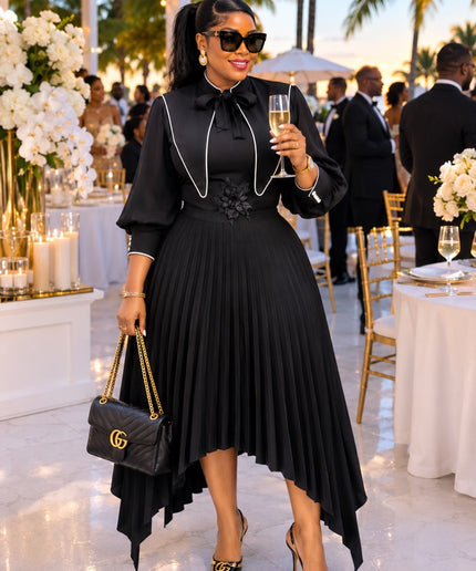 Elegant Tie-Neck Floral Brooch Pleated Asymmetrical Skater Midi Dress for Cocktail Party Black Tie Attire Wedding Guest Birthday Dinner Reception