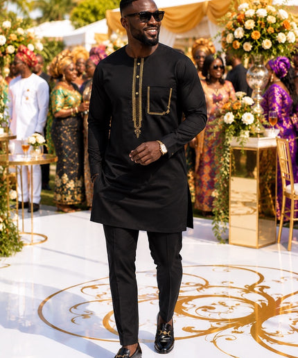Luxury Men's African Wedding Guest Attire Black Embroidered Cotton Shirt & Pants 2-Piece Outfit for Groom Groomsmen Aso Ebi Father of The Bride Engagement Party Naming Ceremony Graduation Church Birthday Dinner Dashiki Buba & Sokoto