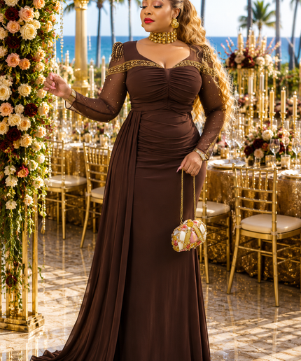 Burgundy Rhinestone Embellished Stretch Ruched Draped Maxi Dress: Wedding Guest Birthday Cocktail Party Black Tie Attire Turkey Formal Evening Gown