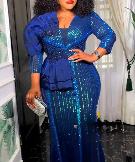 Black Sequin Ruffle Maxi Dress for Mother of The Bride Wedding Guest Cocktail Party