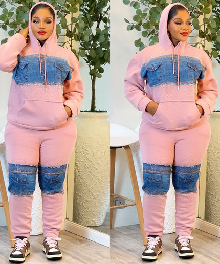 Pink Rhinestone Denim-Embellished 2-Piece Jogger Set for Women