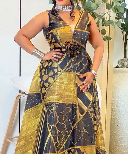 Fabulous Gold V-Neck Sleeveless Skater Maxi Dress for Summer Wedding Guest Mother of The Bride Gala Birthday Party Outfit