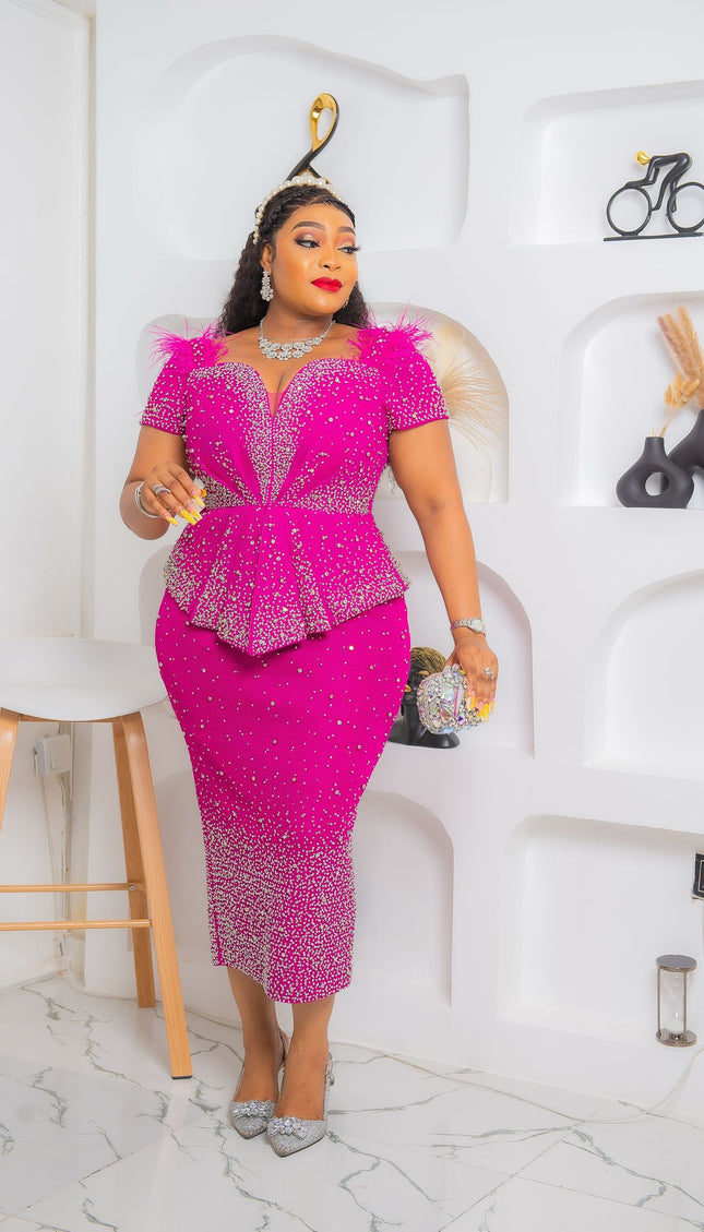 Beaded Wedding Guest Midi Dress, Curvy Mother of The Bride Outfit, Embellished Feathered Peplum Tea Length Dress, Celebrant Birthday Party Cocktail Graduation