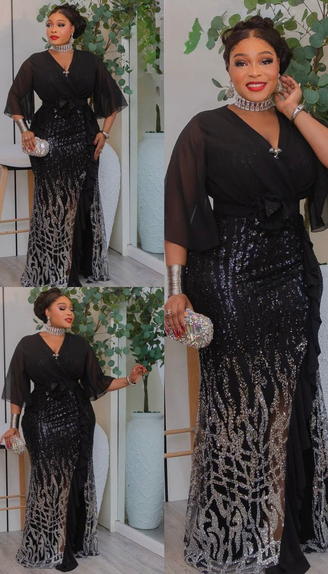 Black Sequin Ruffled Slit Maxi Dress