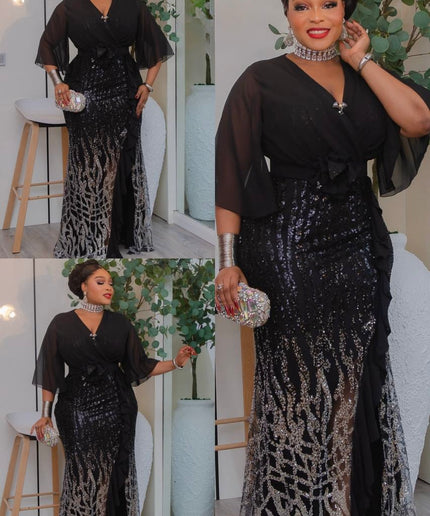 Black Sequin Ruffled Slit Maxi Dress