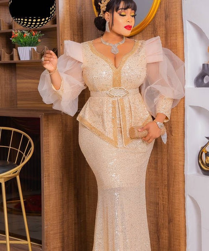 White Sequin Embellished Peplum Mermaid Dress