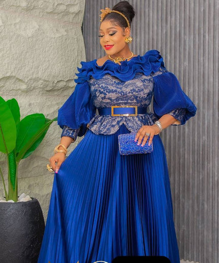 Ruffle Embellished Pleated A-Line Gown | Wedding Bridal Birthday Party Gala