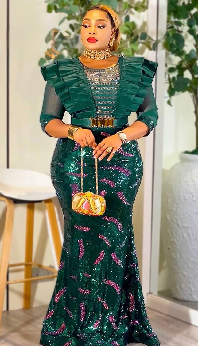 Red Sequin Ruffle Mermaid Dress - Mother of the Bride Maxi Gown Wedding Guest Birthday Party