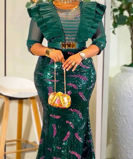 Red Sequin Ruffle Mermaid Dress - Mother of the Bride Maxi Gown Wedding Guest Birthday Party