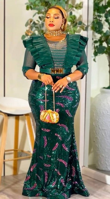 Green Sequin Ruffle Mermaid Dress - Mother of the Bride Maxi Gown Wedding Guest Birthday Party