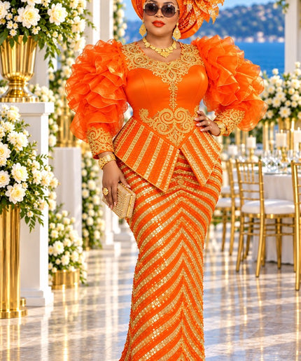 "No Competition" Mother of The Bride Dress Orange Sequin Rhinestone Embellished Peplum Ruffle Sleeve Party Dress for Celebrant Birthday Party Dinner Holiday Cocktail Reception