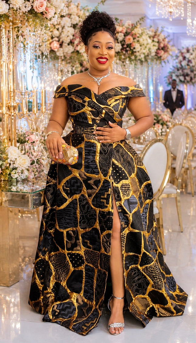Elegant Off-The-Shoulder Brocade A-Line Maxi Dress for Bridal Photoshoot Mother of The Bride Wedding Guest Gala Cocktail