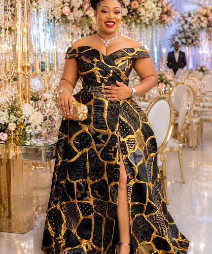 Elegant Off-The-Shoulder Brocade A-Line Maxi Dress for Bridal Photoshoot Mother of The Bride Wedding Guest Gala Cocktail