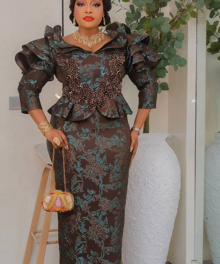 Purple Brocade Beaded Ruffle Sleeve Peplum Dress - Mother of The Bride Celebrant Birthday Party Formal Evening Outfit