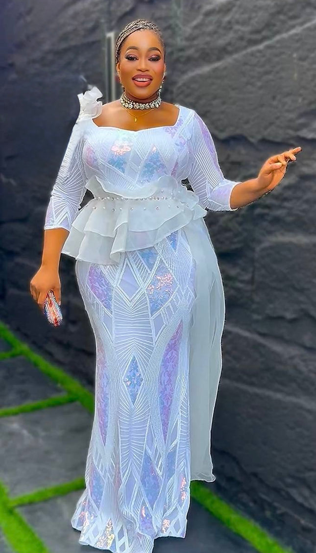 Plus Size White Sequin Wedding Guest Mermaid Dress Side Drape, Curvy Plus Size Mother of The Bride Maxi Gown Long, Celebrant Worthy Cocktail Birthday