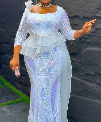 Plus Size White Sequin Wedding Guest Mermaid Dress Side Drape, Curvy Plus Size Mother of The Bride Maxi Gown Long, Celebrant Worthy Cocktail Birthday