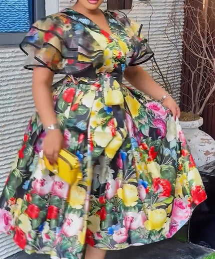 Yellow Ruffle Sleeve Floral Midi Dress - Wedding Guest Graduation Dinner Birthday Photoshoot