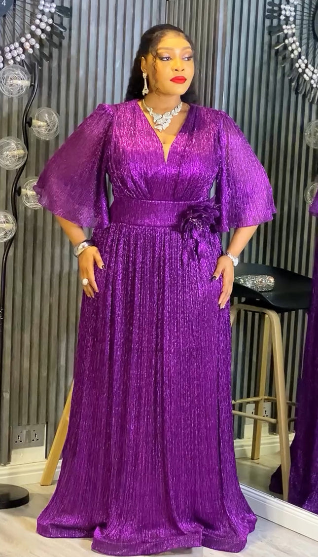 Elegant Gold Pleated Flower Maxi Dress