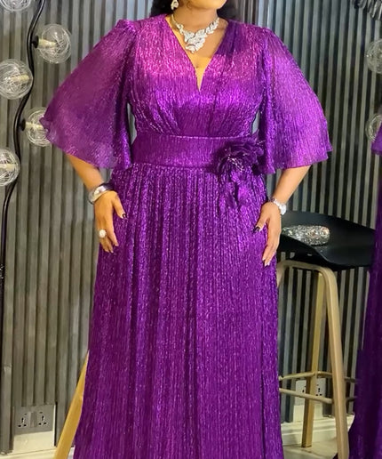 Elegant Gold Pleated Flower Maxi Dress