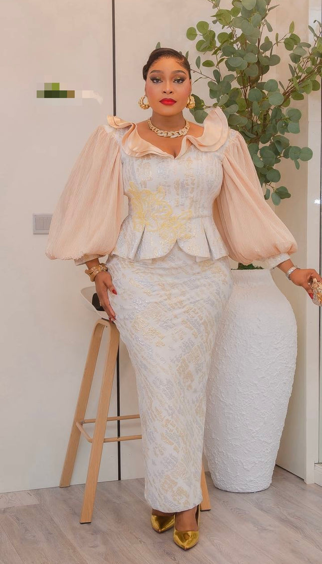 Stunning Pink Brocade Bishop Sleeve Ruffle Peplum Dress: Mother of The Bride Attire Wedding Guest Outfit Birthday Party Cocktail