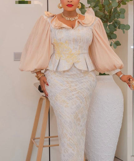 Stunning Pink Brocade Bishop Sleeve Ruffle Peplum Dress: Mother of The Bride Attire Wedding Guest Outfit Birthday Party Cocktail