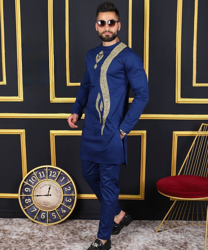 Men’s Traditional African Clothing 2-Piece Set, Embroidered Cotton Shirt & Pants for Wedding Birthday Graduation Party