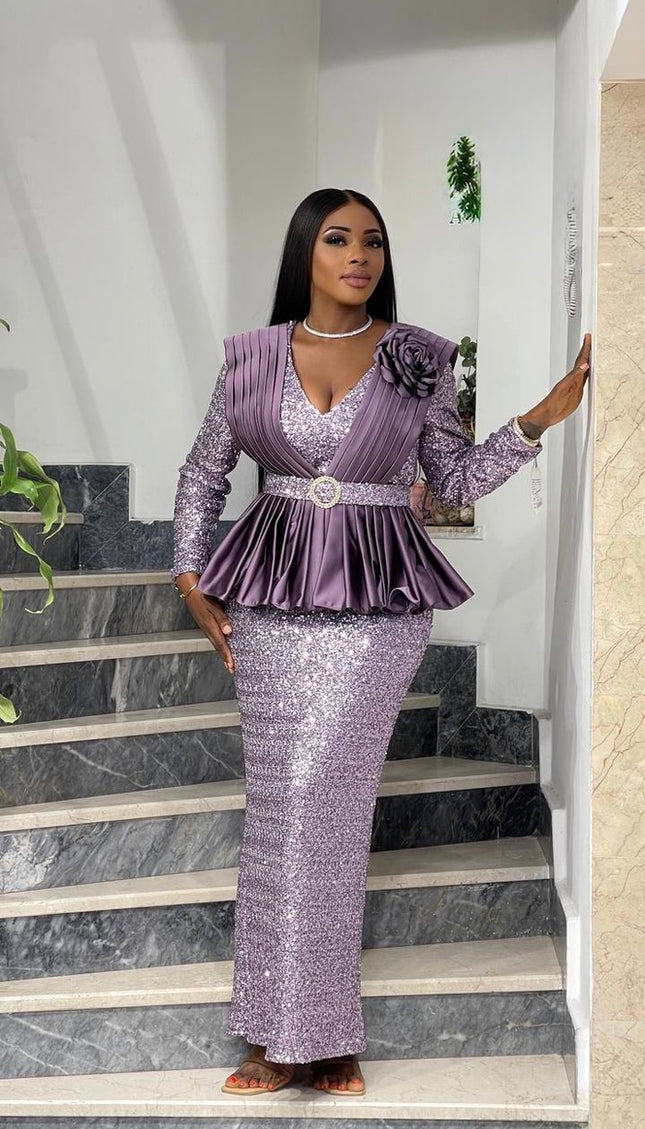 Sequin Pleated Peplum Maxi Dress | Women's Plus Size Evening Wear Wedding Guest Party Birthday