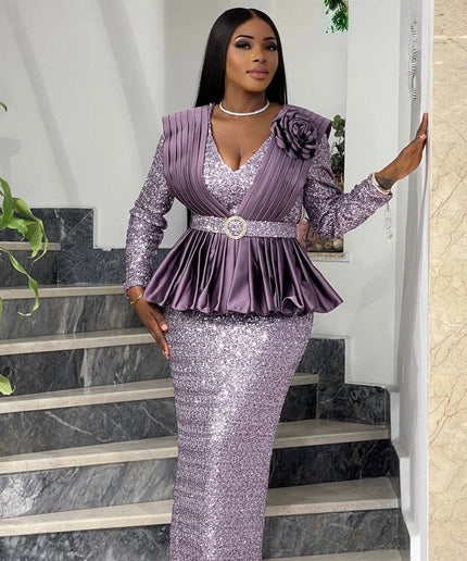 Sequin Pleated Peplum Maxi Dress | Women's Plus Size Evening Wear Wedding Guest Party Birthday