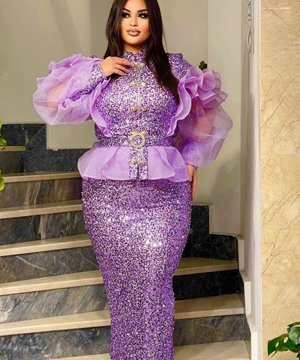 Blue Sequin Wedding Guest Dress Ruffles Peplum, Plus Size Mother of The Bride Evening Wear