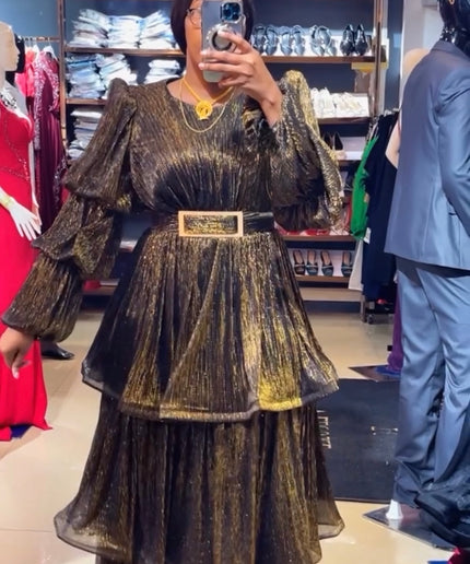 Waterfall Ruffle Bishop Sleeves Maxi Dress,  Mother of The Bride A-Line Gold Gown, Plus Size Evening Wear Gala Cocktail Party