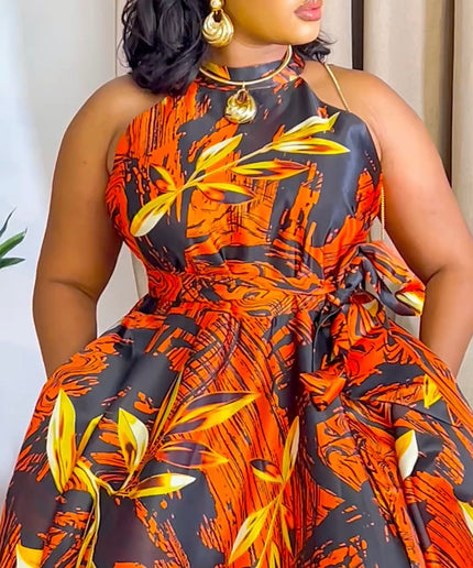 Dramatic Brown Floral Halter Neck Twirl Dress for Party Wedding Guest Cocktail Reception Gala Birthday Dinner Bridal Photoshoot Outfit