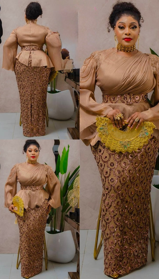 Brown Sequin Embellished Peplum Dress
