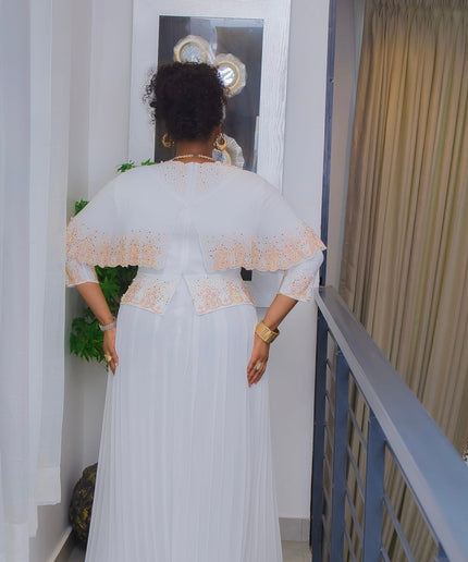 White & Gold Rhinestone Pleated Maxi Dress: Mother of The Bride Wedding Guest Attire Anniversary