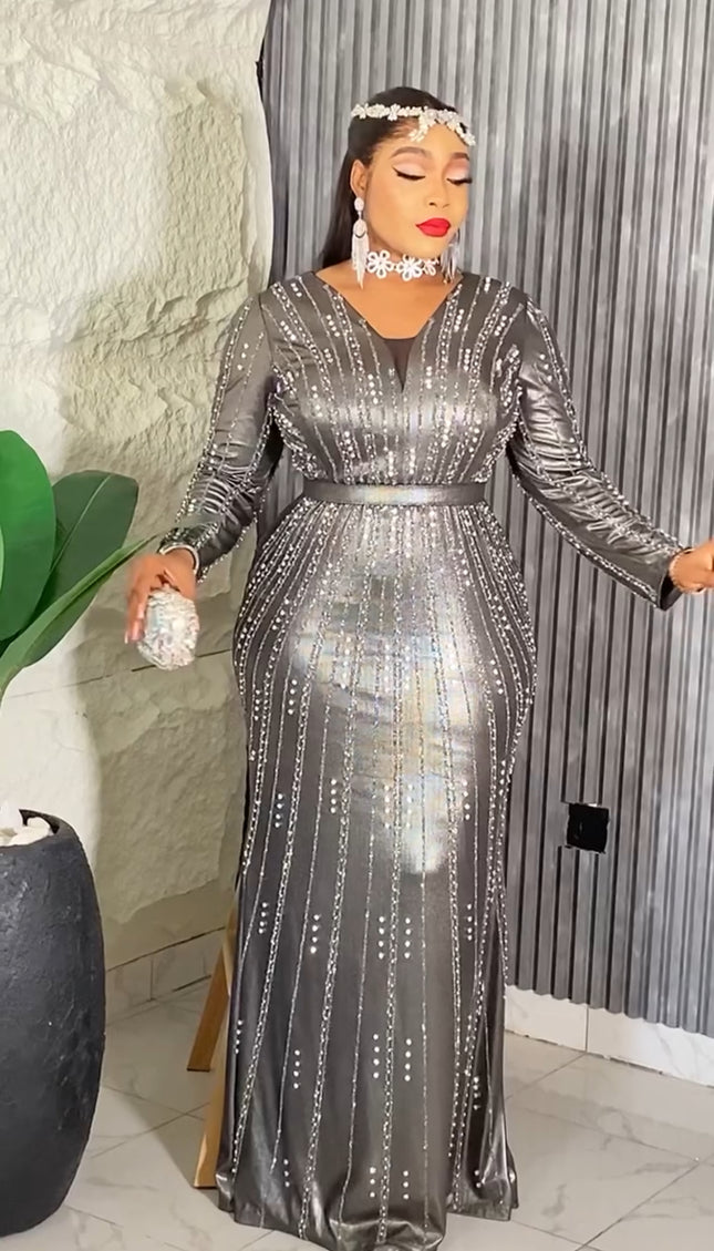 Metallic Embellished Floor Length Evening Gown | Celebrant Wedding Guest Birthday Party Mother of The Bride Gala Pageant