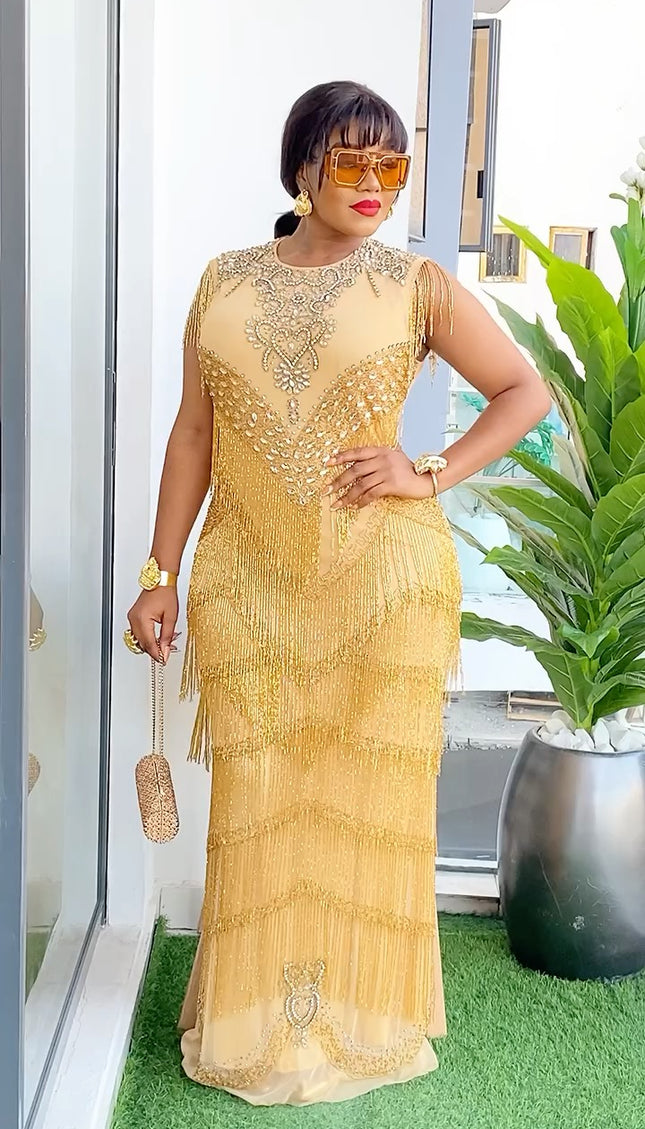 Fringe Crystal-Embellished Cap Sleeve Maxi Dress | Bridal Reception Wedding Mother of The Bride Birthday Party